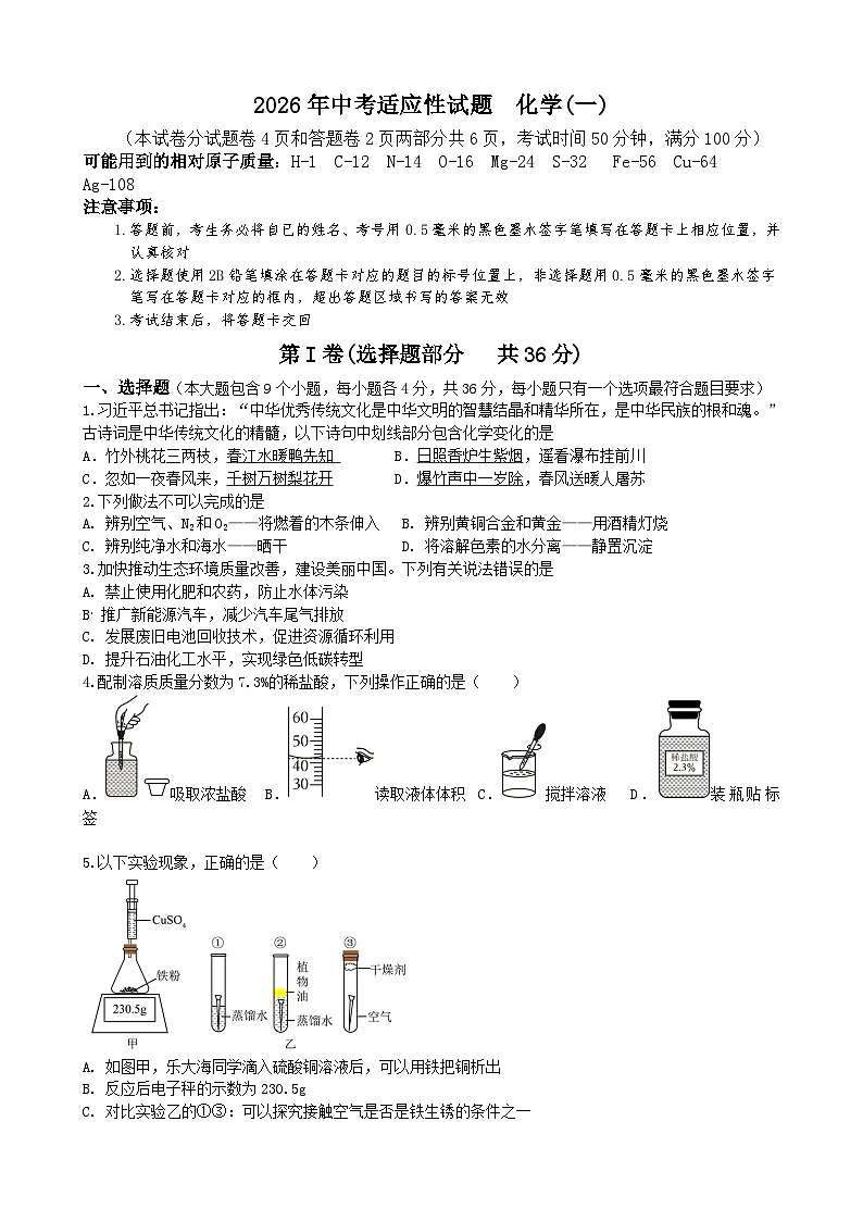 2026年四川绵阳市中考模拟化学测试卷含答案1第1页