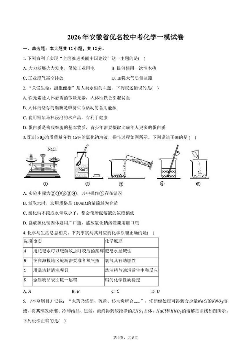 2026年安徽省优名校中考化学一模试卷(含答案)第1页