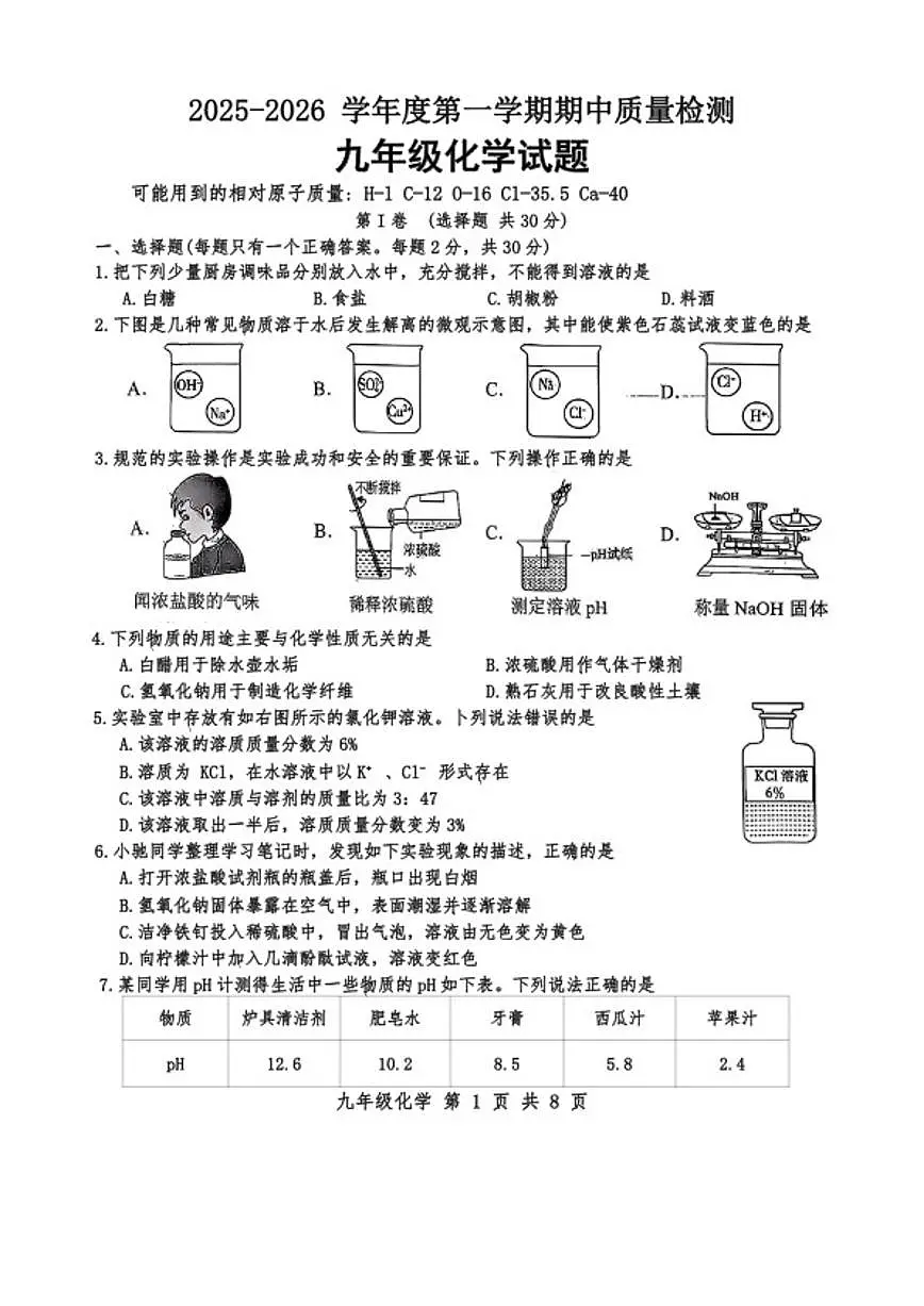 2025-2026学年山东省济宁市任城区九年级上学期期中考试化学试卷第1页