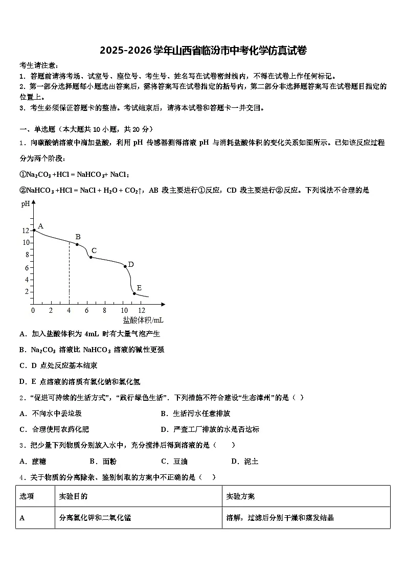 2025-2026学年山西省临汾市中考化学仿真试卷(含答案解析)第1页