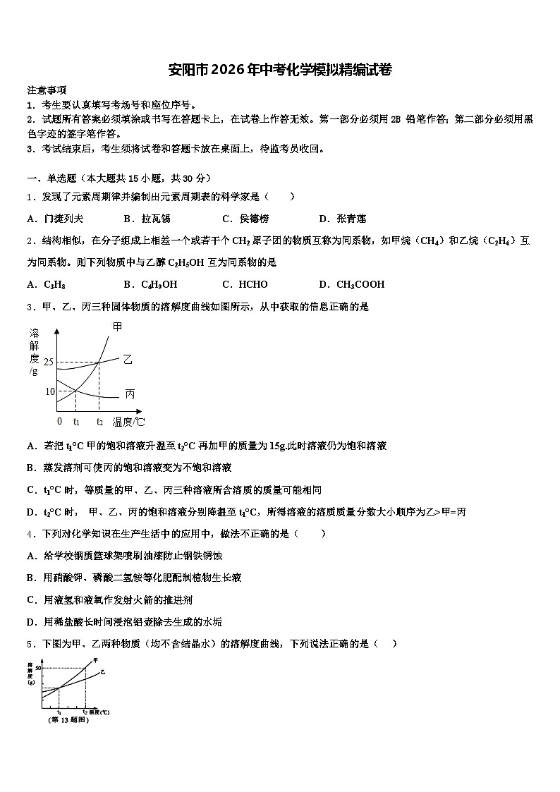 安阳市2026年中考化学模拟精编试卷(含答案解析)第1页