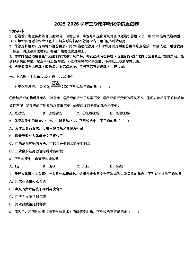 2025-2026学年三沙市中考化学仿真试卷(含答案解析)第1页