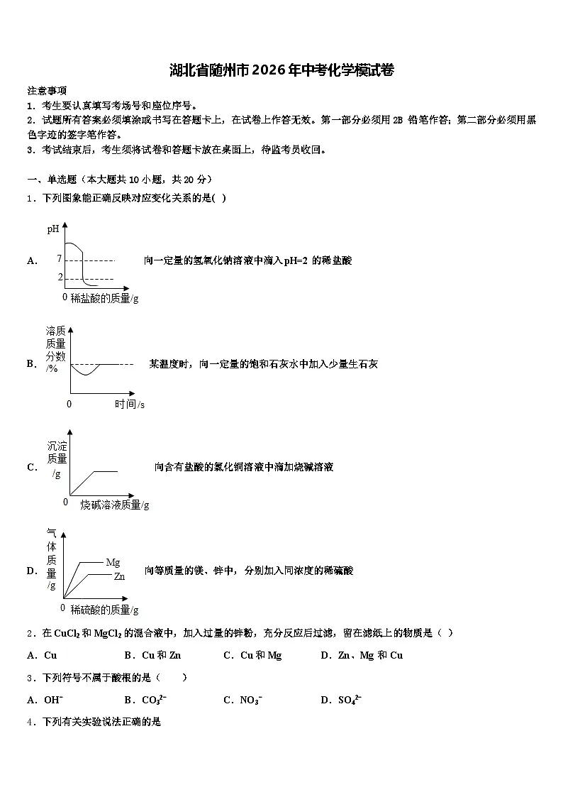 湖北省随州市2026年中考化学模试卷(含答案解析)第1页