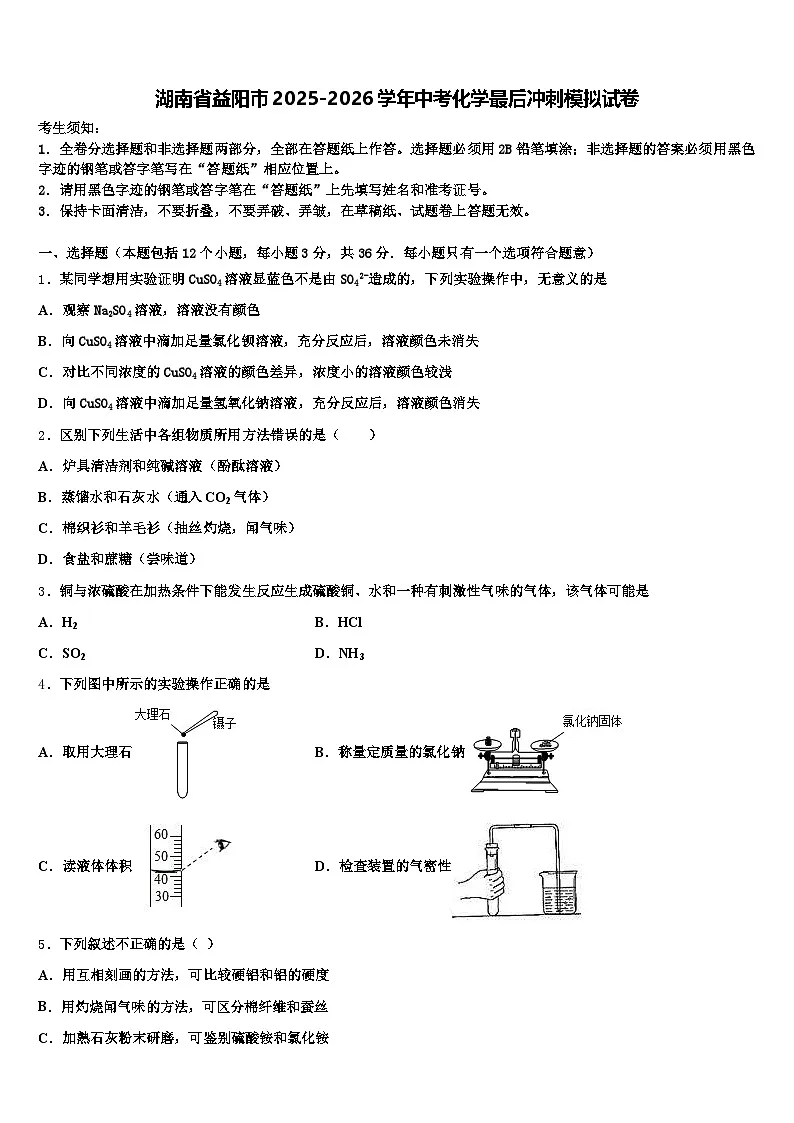 湖南省益阳市2025-2026学年中考化学最后冲刺模拟试卷(含答案解析)第1页