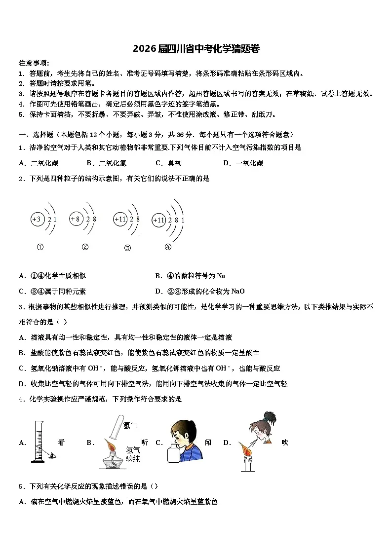 2026届四川省中考化学猜题卷(含答案解析)第1页