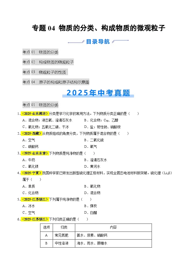 专题04 物质的分类、构成物质的微观粒子(全国通用)(原卷版)第1页