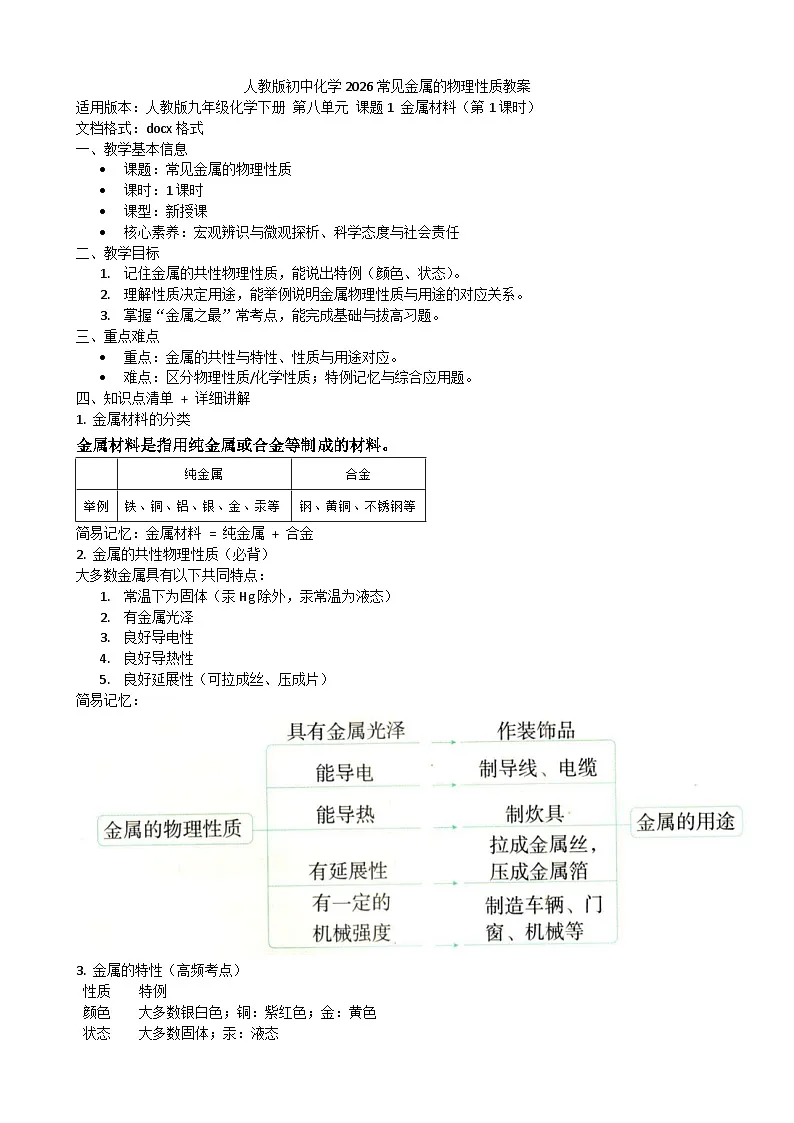 2026年人教版九年级下化学第八单元 课题1 金属材料(第1课时)常见金属的物理性质教案第1页