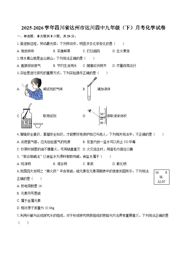 2025-2026学年四川省达州市达川四中九年级(下)月考化学试卷-自定义类型第1页