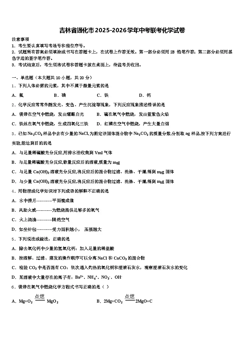 吉林省通化市2025-2026学年中考联考化学试卷(含答案解析)第1页