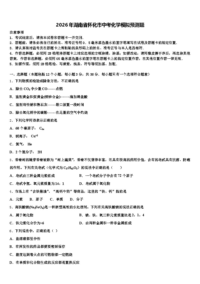 2026年湖南省怀化市中考化学模拟预测题(含答案解析)第1页