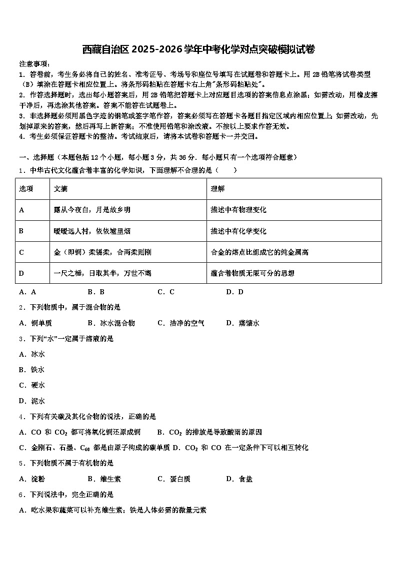 西藏自治区2025-2026学年中考化学对点突破模拟试卷(含答案解析)第1页