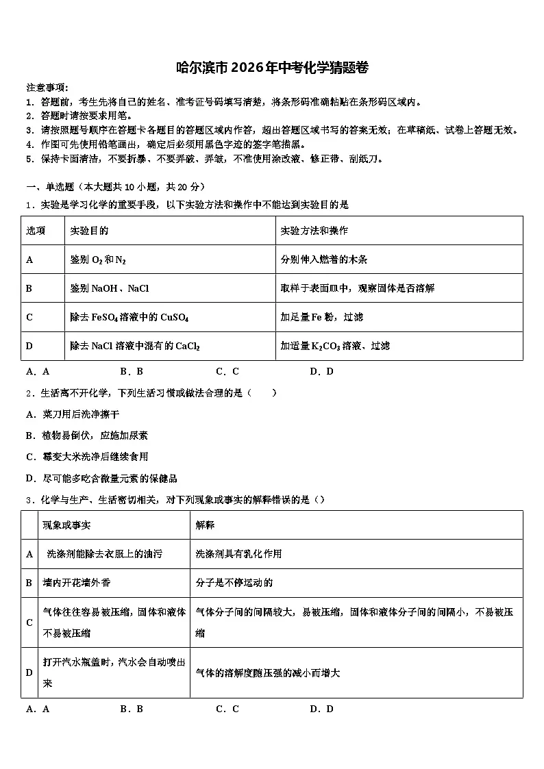 哈尔滨市2026年中考化学猜题卷(含答案解析)第1页