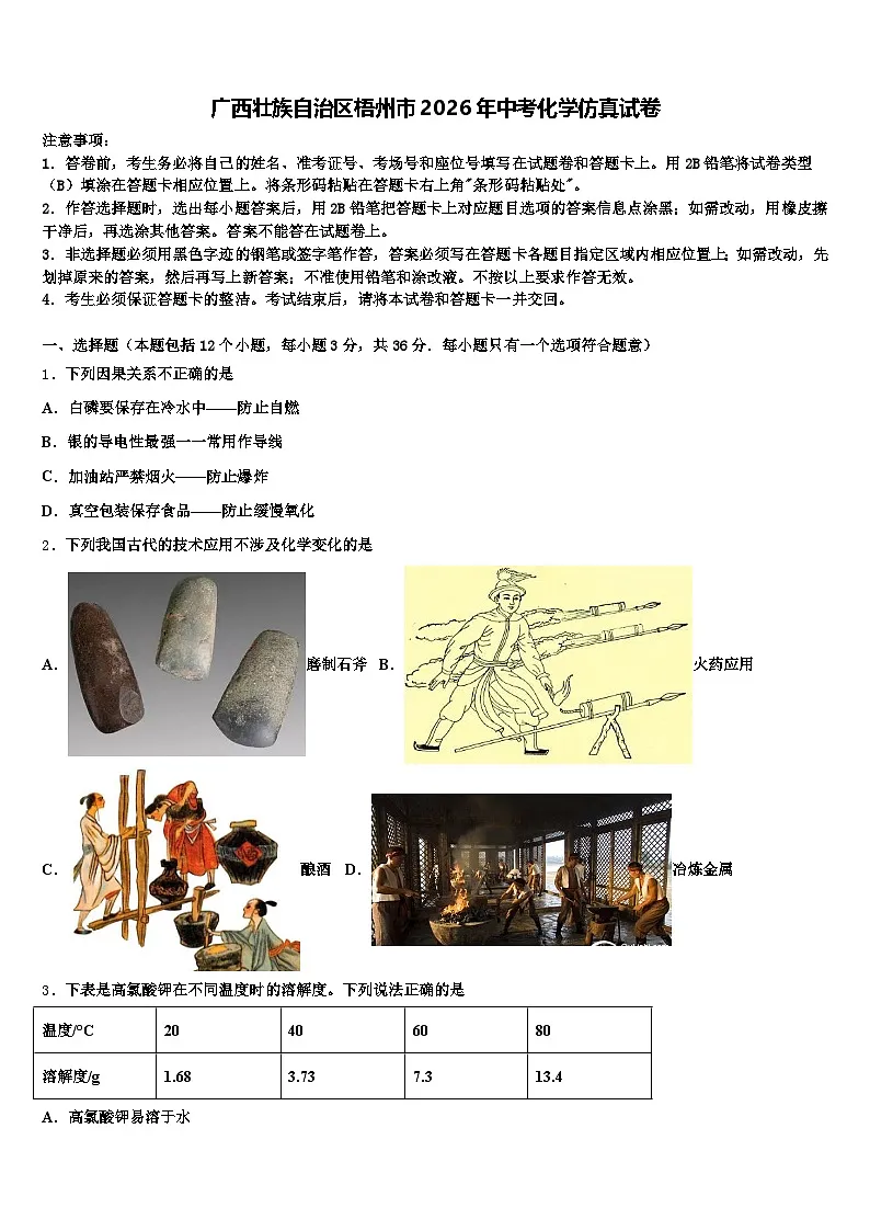广西壮族自治区梧州市2026年中考化学仿真试卷(含答案解析)第1页