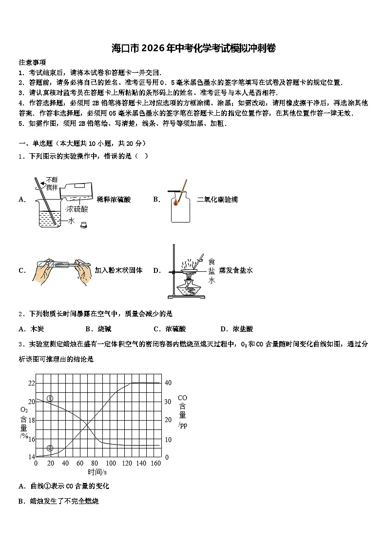 海口市2026年中考化学考试模拟冲刺卷(含答案解析)第1页