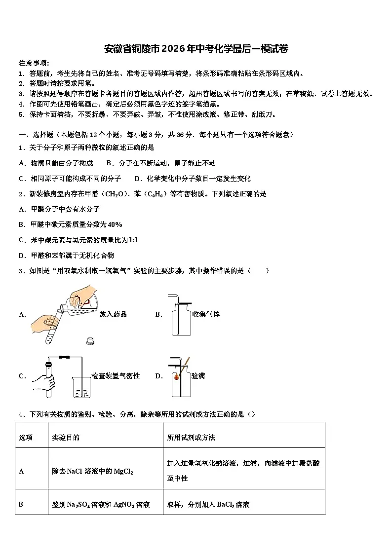 安徽省铜陵市2026年中考化学最后一模试卷(含答案解析)第1页