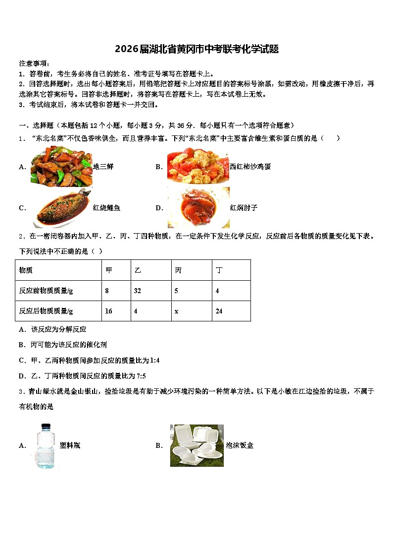 2026届湖北省黄冈市中考联考化学试题(含答案解析)第1页