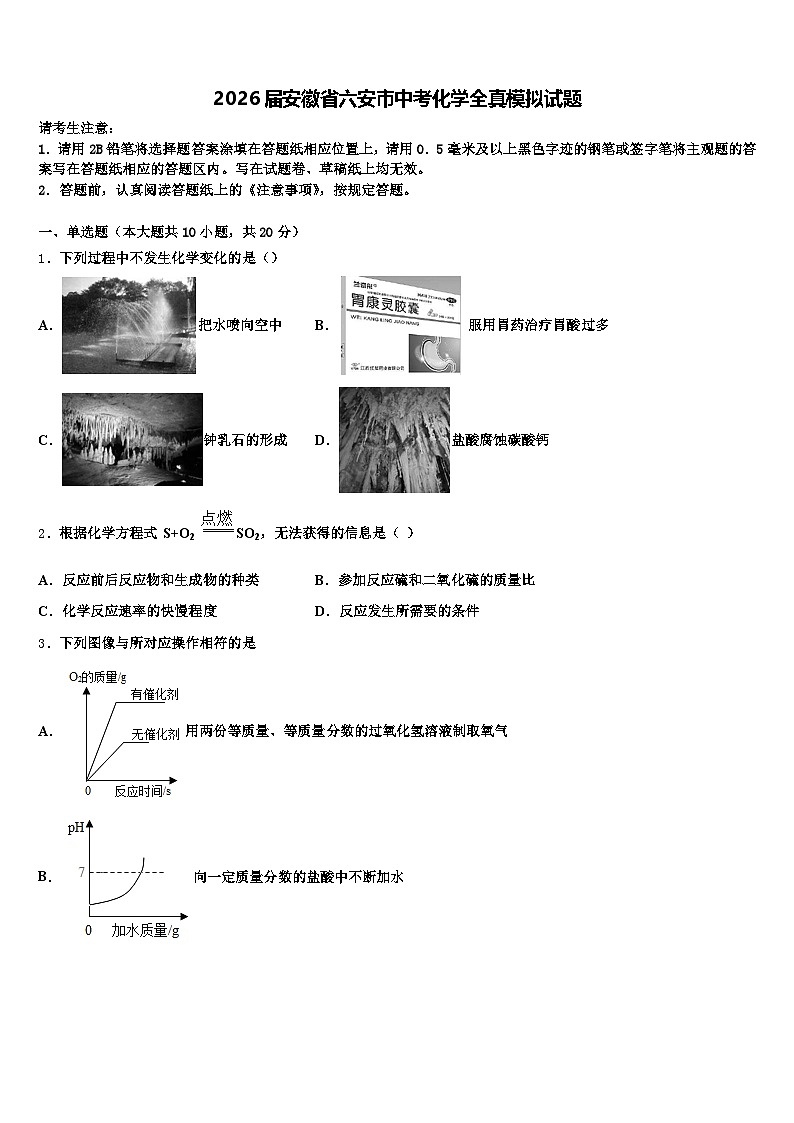 2026届安徽省六安市中考化学全真模拟试题(含答案解析)第1页