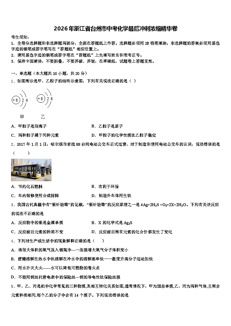 2026年浙江省台州市中考化学最后冲刺浓缩精华卷(含答案解析)第1页
