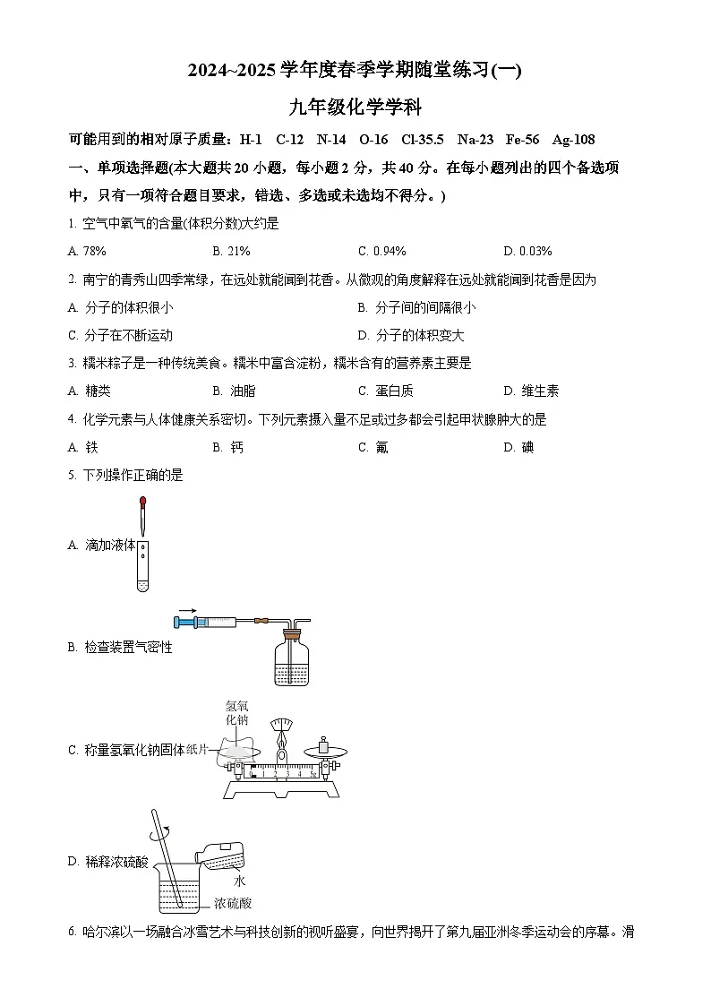 广西南宁市第三中学青秀校区2024-2025学年九年级下学期3月月考化学试题-A4第1页