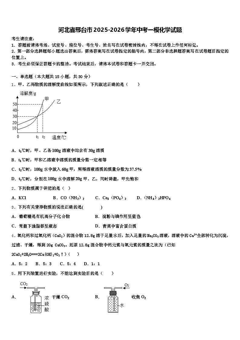 河北省邢台市2025-2026学年中考一模化学试题(含答案解析)第1页