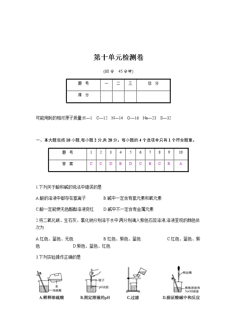 2020年春人教版九年级化学下册第十单元检测卷01