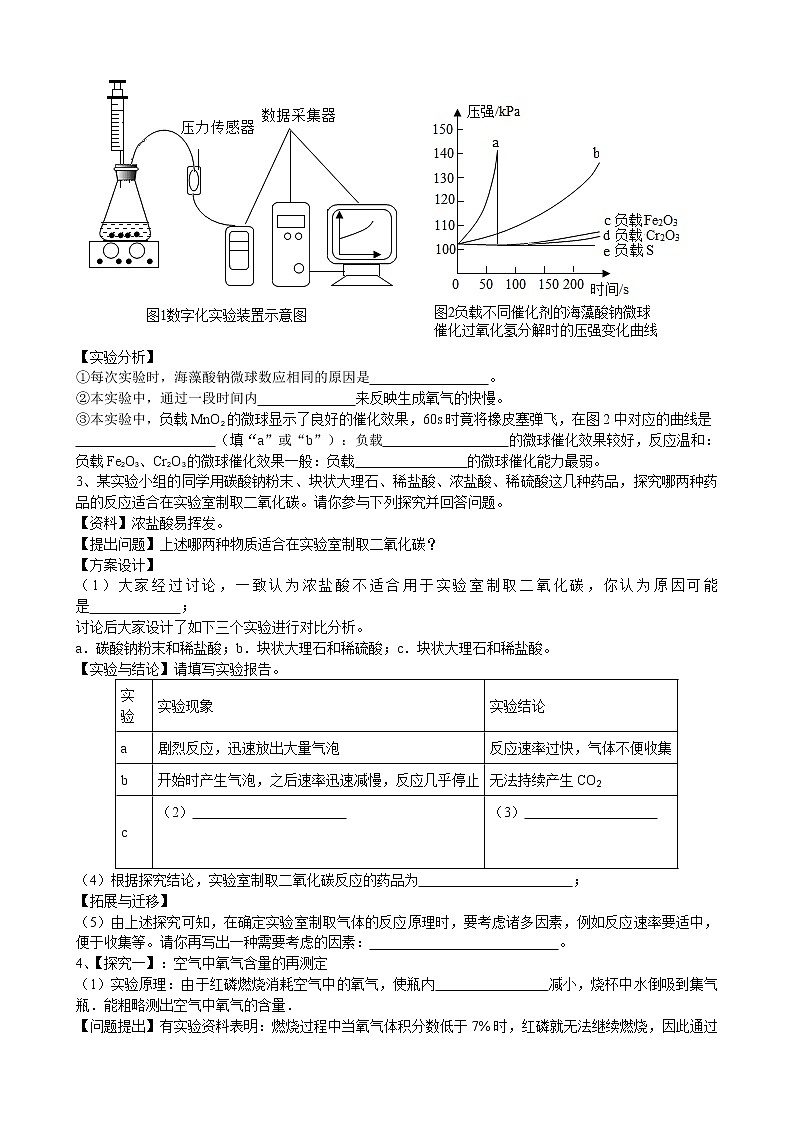 2020年中考人教版化学科学探究《制取气体的反应原理的探究》专题练习02