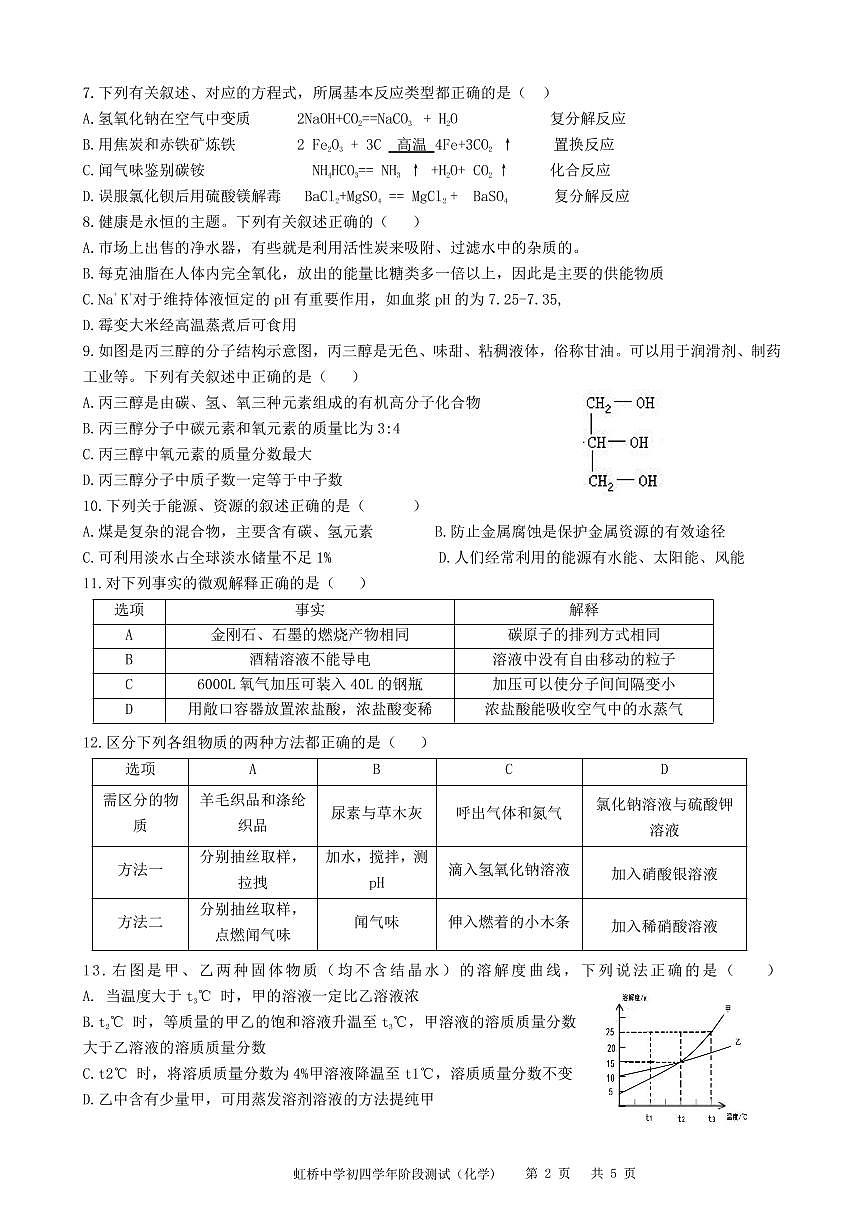 【化學(xué)】2020虹橋中學(xué)初四測試卷第2頁