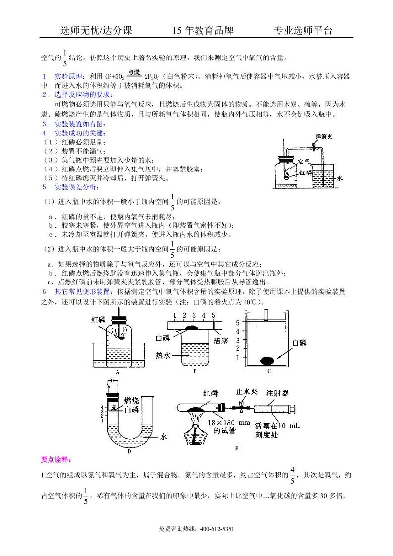 初中化学中考总复习:空气成分的探究(提高) 知识讲解02