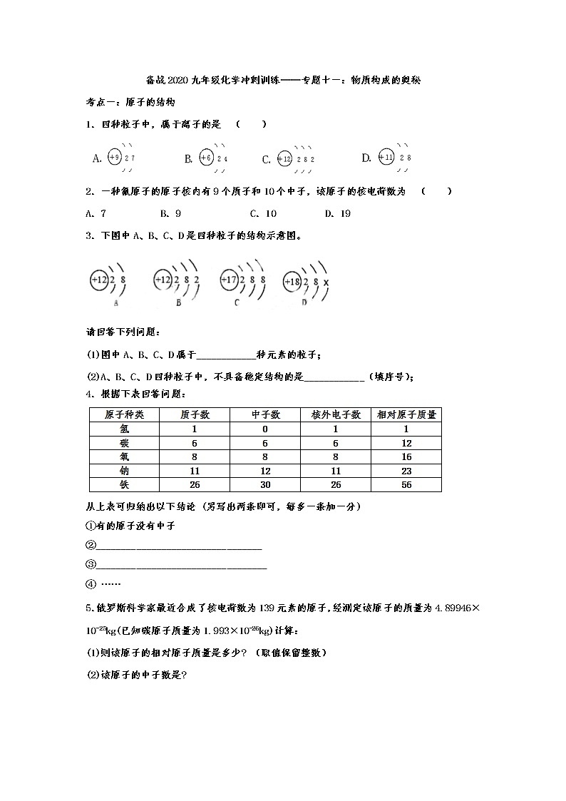 备战2020九年级化学冲刺训练——专题十一:物质构成的奥秘01