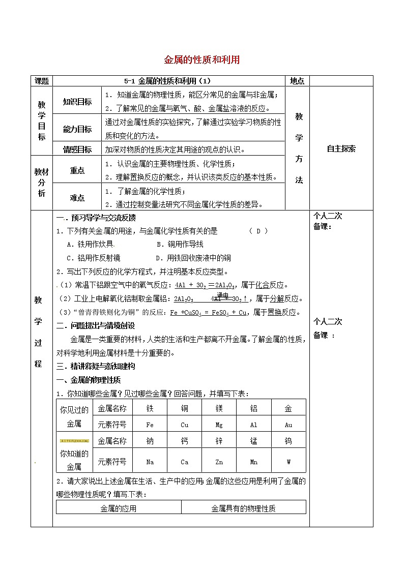 2020年滬教版九年級(jí)化學(xué)全冊(cè)第5章 金屬的冶煉與利用5.1金屬的性質(zhì)和利用 教案1第1頁(yè)