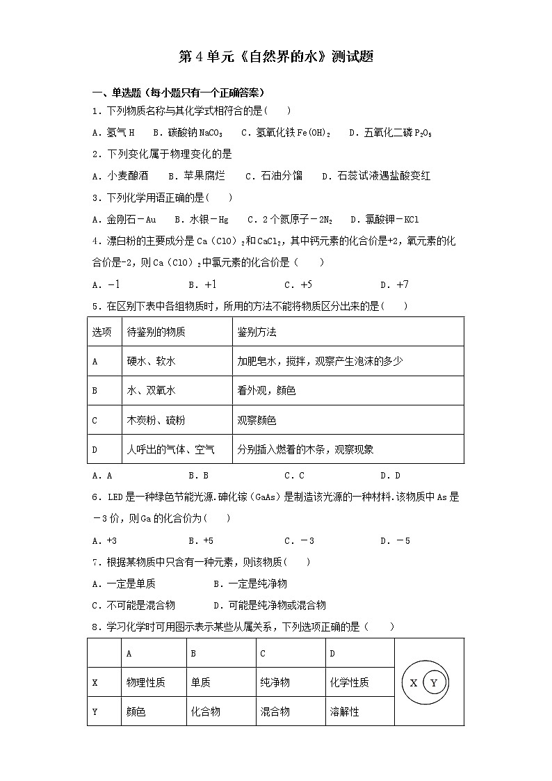 人教版化学九年级上册第4单元《自然界的水》测试01