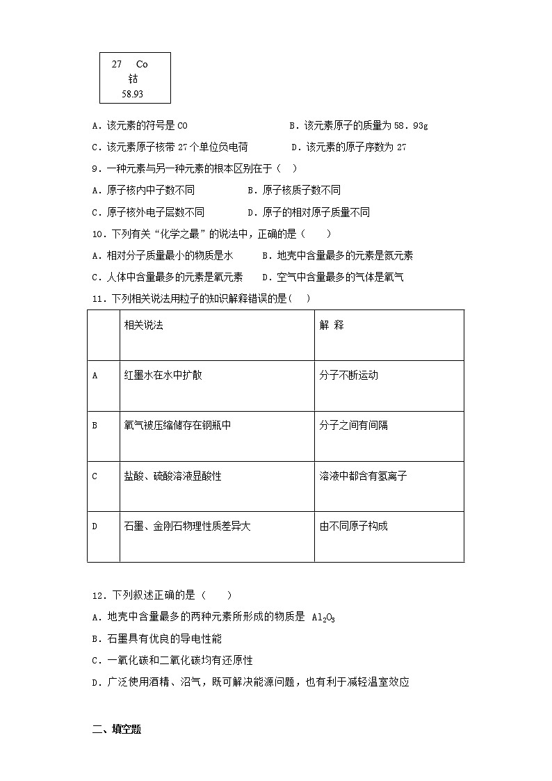人教版化学九年级上册第三章《物质构成的奥秘》 测试题02