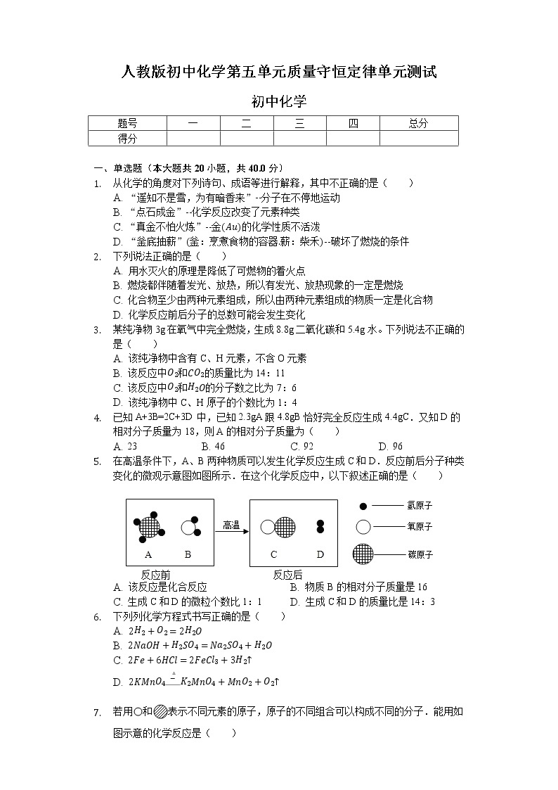 人教版九年级初中化学上册第五单元化学方程式单元测试（解析版）01