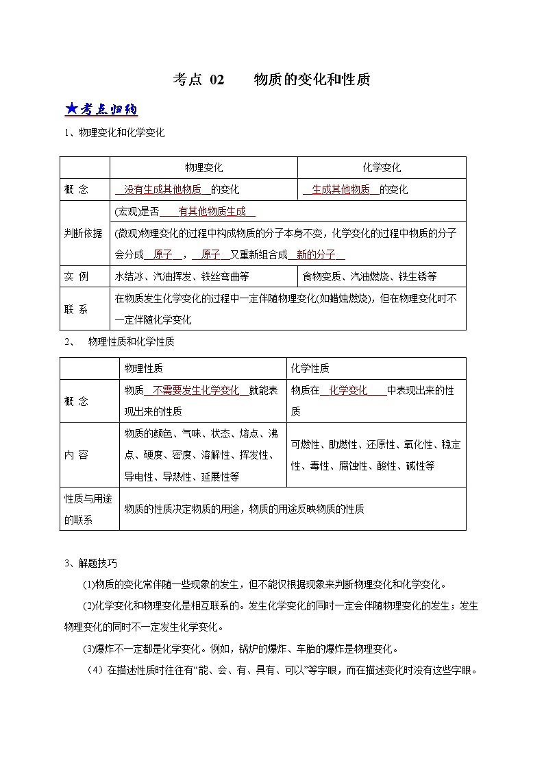 2018-2020中考化学真题分项详解 考点 02 物质的变化和性质 (解析版)01