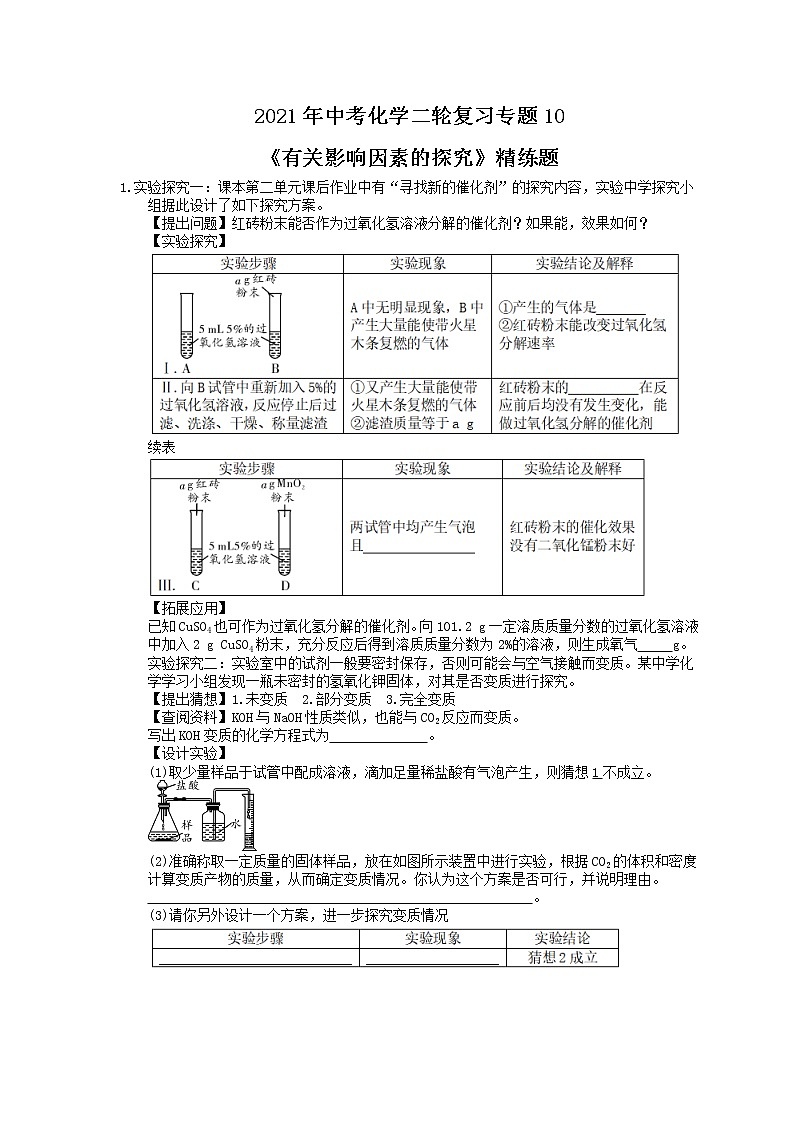 2021年中考化学二轮复习专题10《有关影响因素的探究》精练题(含答案)01