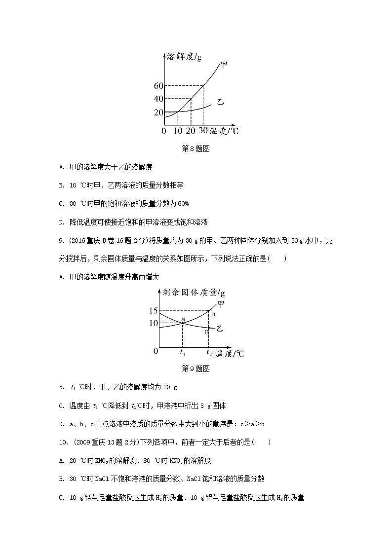 重庆市2018年中考化学总复习第一轮基础知识研究第2单元 第14讲《溶液(含溶质质量分数的计算)》玩转重庆10年中考真题(含答案)第3页