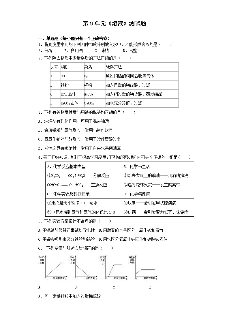 人教版初中化学九年级下册第9单元溶液测试题01