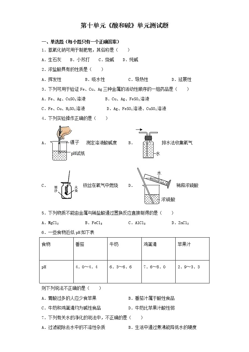 人教版初中化学九年级下册第十单元 酸和碱 单元测试题( 含答案)01