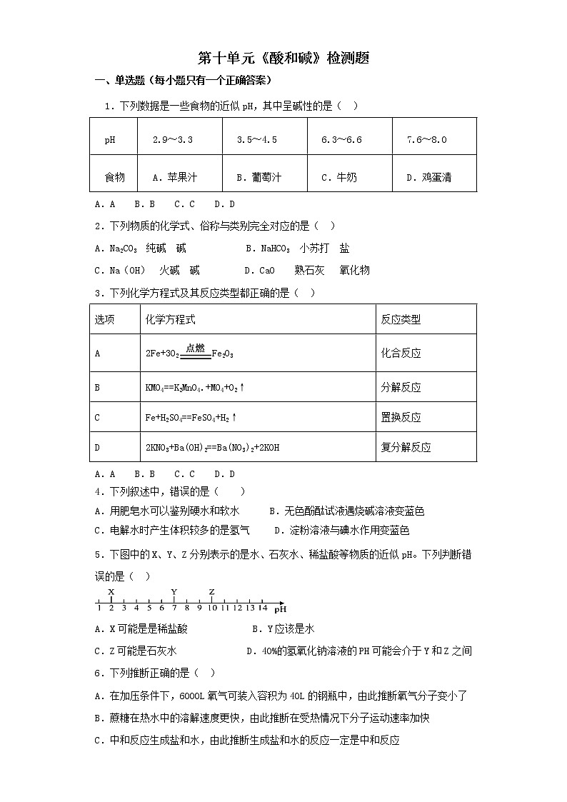 人教版初中化学九年级下册第十单元酸和碱 检测题01