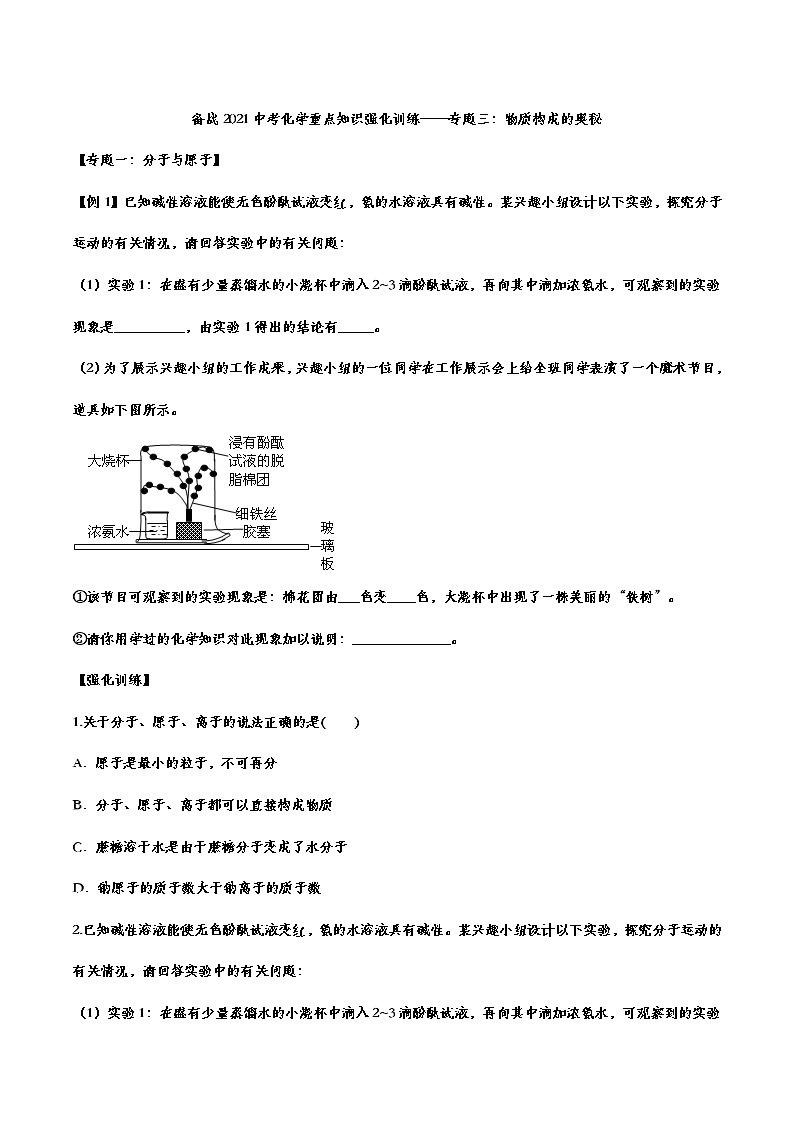 备战2021中考化学重点知识强化训练——专题三：物质构成的奥秘01