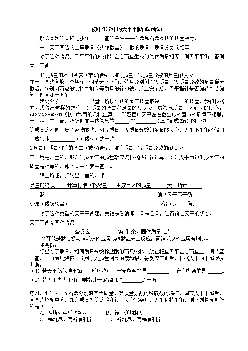 初中化学中的天平平衡专题训练第1页
