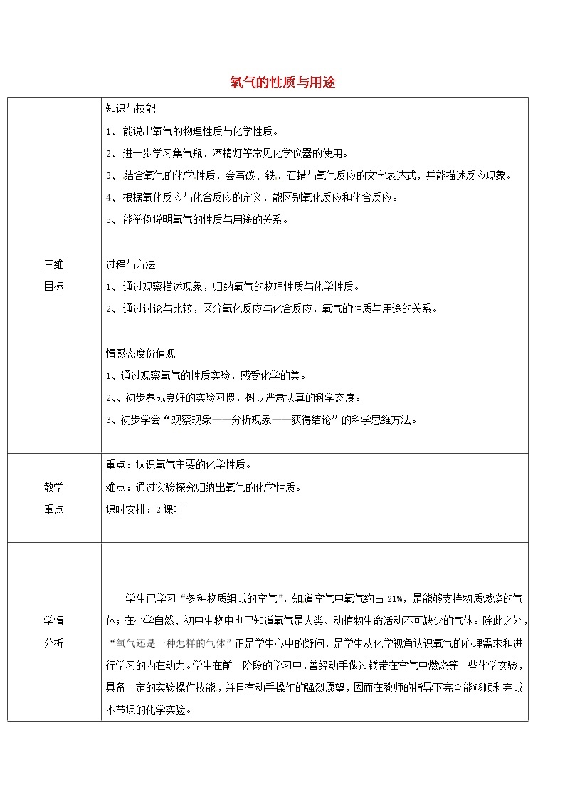 2020年粤教版九年级化学上册第3章 3.1氧气的性质和用途 教案01