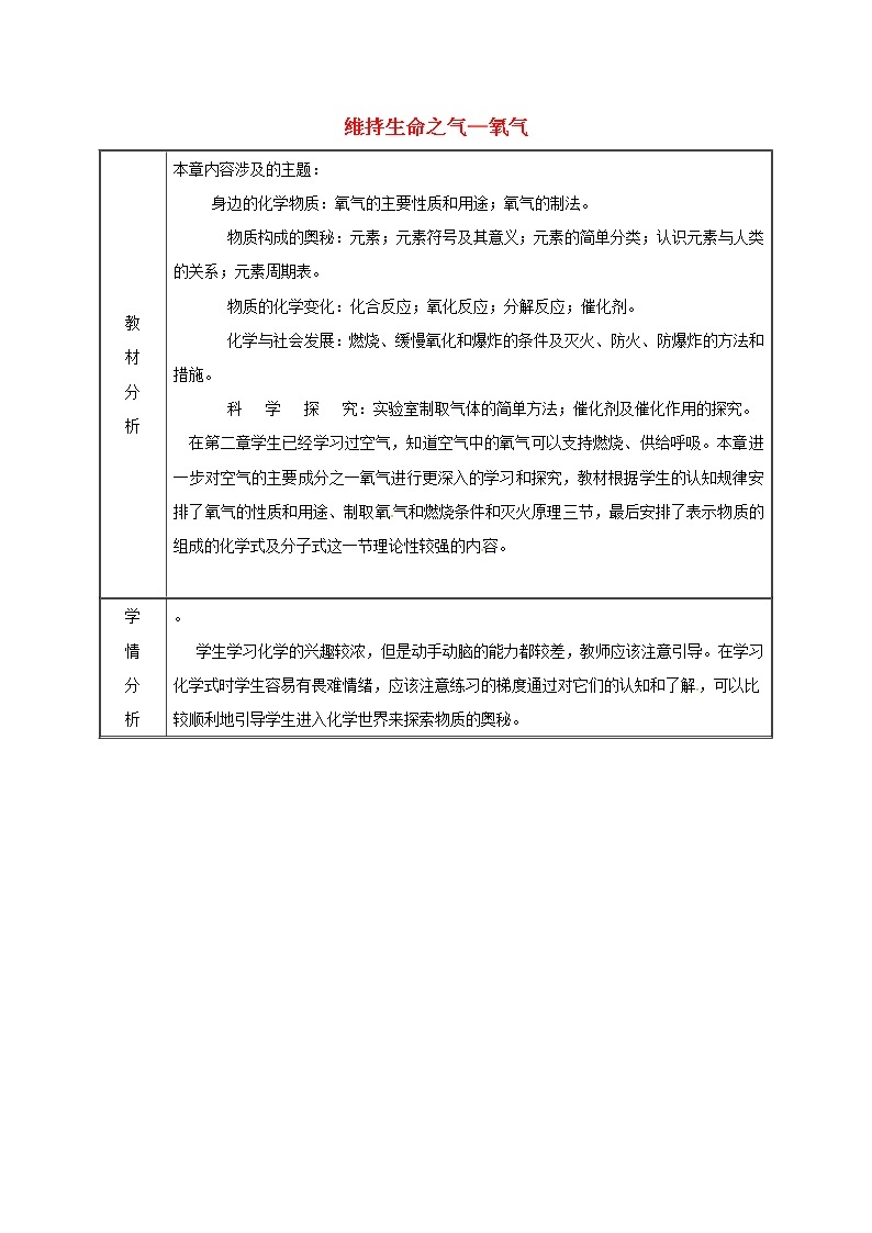 2020年粤教版九年级化学上册第3章 备课 教案01