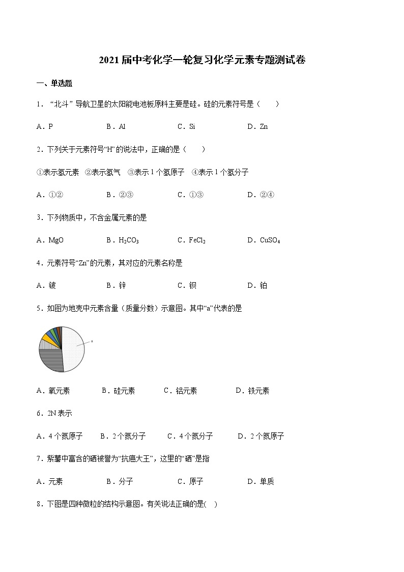 2021届中考化学一轮复习化学元素专题测试卷(1)01