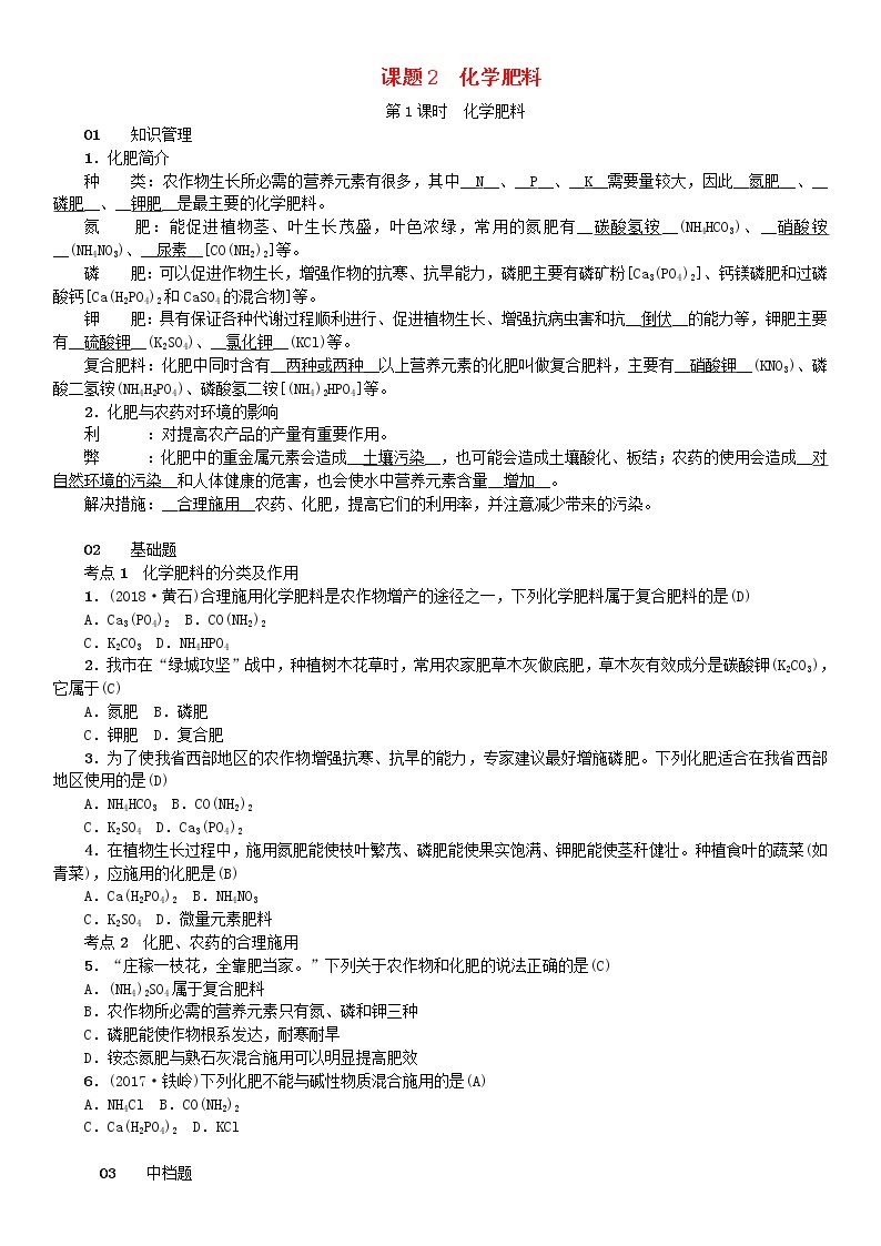 2021年人教版九年级化学下册第11单元 课题2化学肥料 同步测试(含答案)01