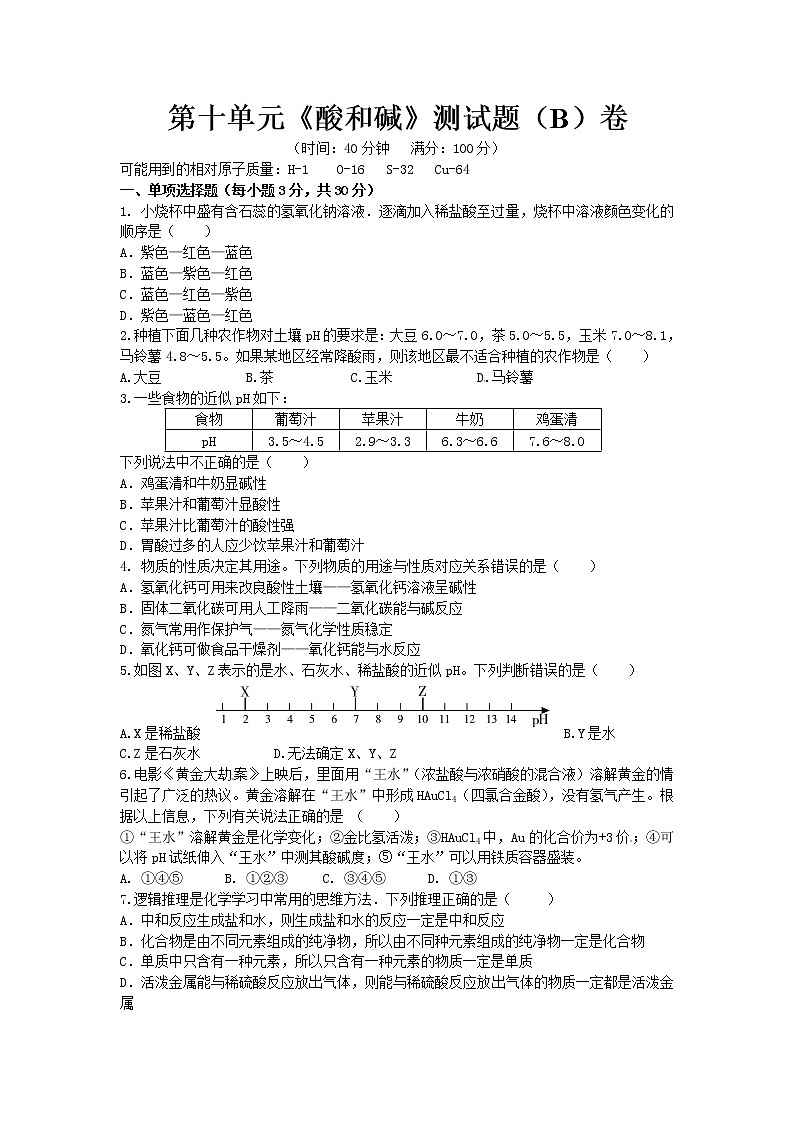 人教版九年级化学下册第十单元《酸和碱》 单元测试题(B卷)含答案01