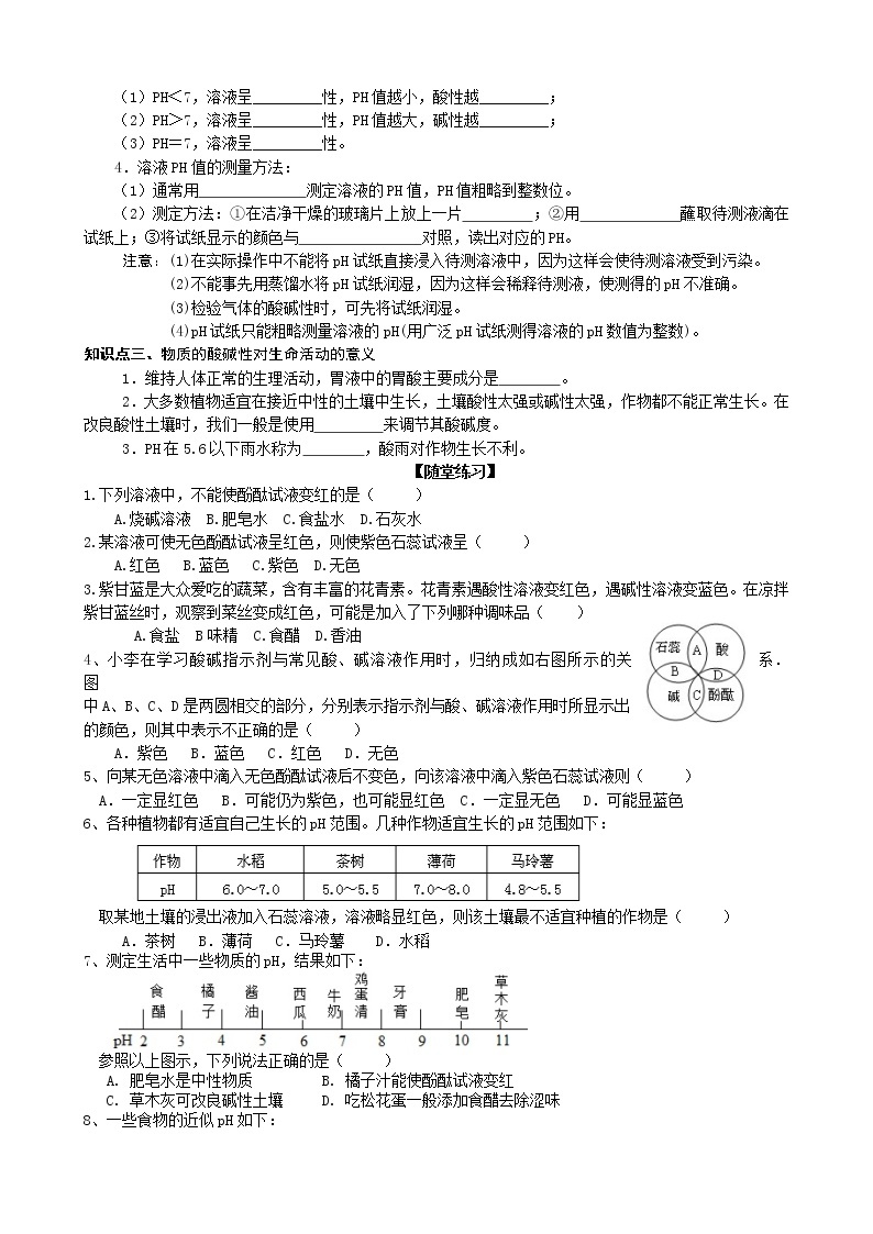 鲁教版九年级化学下册导学案：7.3 溶液的酸碱性02