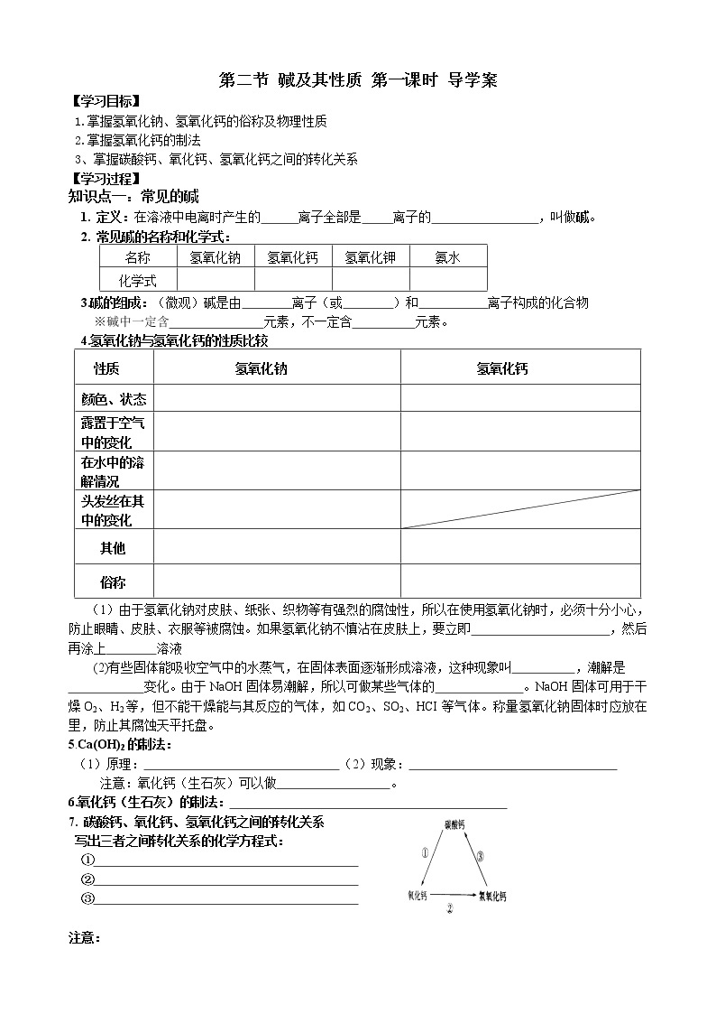 鲁教版九年级化学下册导学案：7.2 碱及其性质 第一课时01