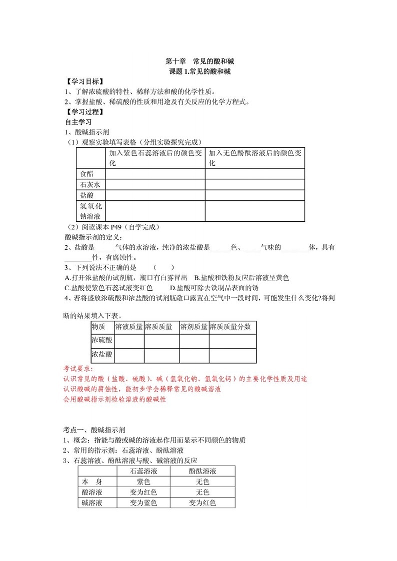 九年级化学人教版(下册)第十单元 酸和碱 课题1常见的酸和碱导学案(1)01