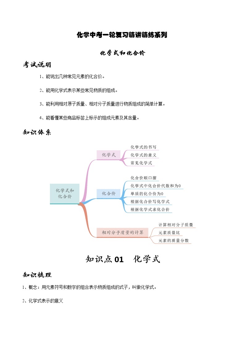 人教版化学中考一轮复习系列   化学式和化合价学案01